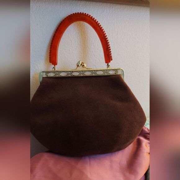 Roos Bros California Handbags - Vintage Roos Bros California Brown Purse Bakelite Handle